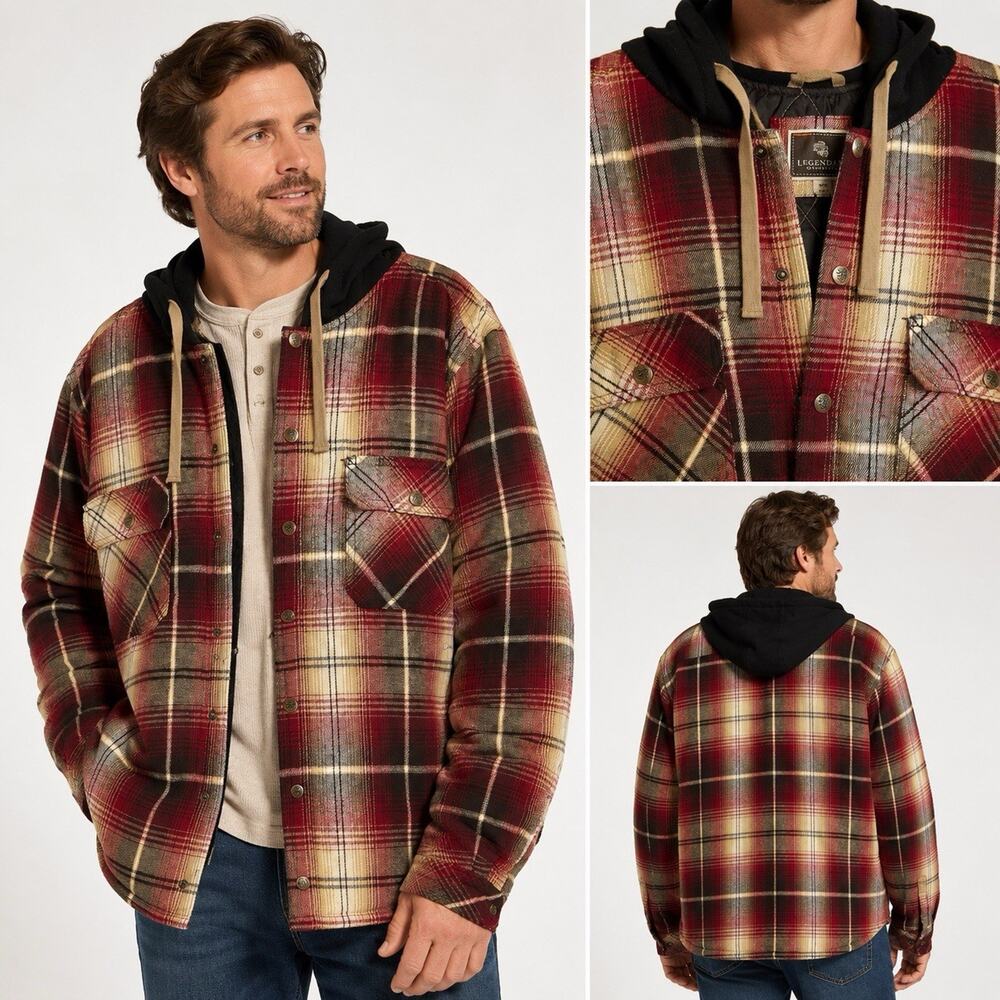 Legendary Whitetails Men’s XL Plaid Hooded Flannel Shirt Jacket Quilted Lined